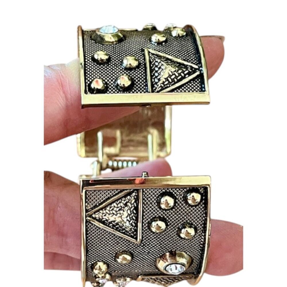 Gold Tone Cuff Rhinestone Geometric Pattern Spring Hinged Statement Bracelet - Picture 6 of 9